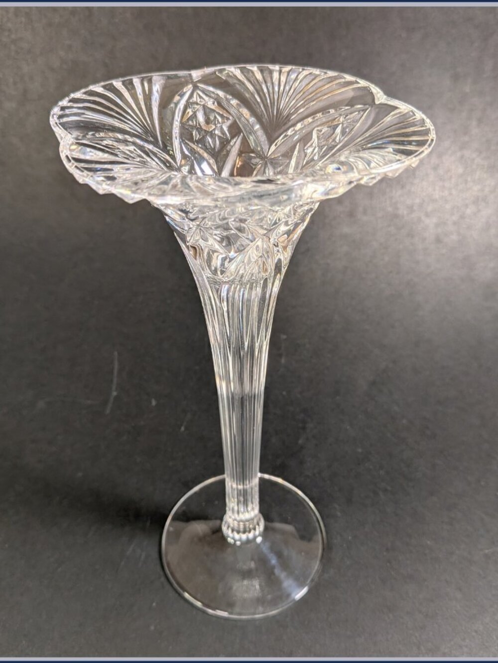 Vintage Clear Cut Glass Trumpet Flower Vase Flared Petal Rim Starburst Cut